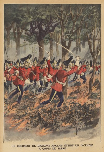 Um regimento britânico de dragões usando as suas espadas para apagar um fogo (cor litho) de French School