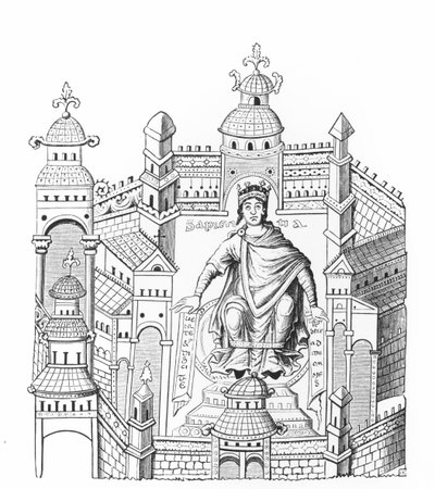 Um rei carloviano em seu palácio, personificando a sabedoria que atrai toda a raça humana, depois de uma miniatura em um manuscrito, copiada pelo conde Horácio de Viel-Castel (1798-1864) de French School
