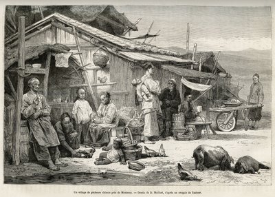 Uma vila de pescadores chineses perto de Monterey, Califórnia, testemunhou a importante comunidade chinesa estabelecida na costa do Pacífico dos Estados Unidos. Gravura depois do desenho de D.Maillard, para ilustrar a história La conquete blanche, de Willi de French School