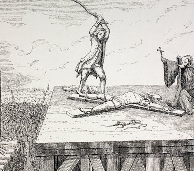 Um criminoso condenado à morte sendo quebrado em uma cruz de Santo André na fraque do século 18, 1875 de French School