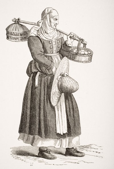 Um comerciante em ovos, depois de uma xilogravura do século XVI por Cesare Vecellio (1521-1601) de &39;Le Moyen Age et La Renaissance&39; por Paul Lacroix (1806-84) publicou 1847 de French School