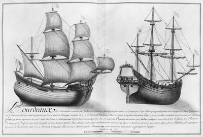 Uma loja holandesa e uma pinasse, Bordeaux, ilustração de &39;Designs de diferentes formas de navios ... de Nantes a Bayonne ...&39;, 1679 (lápis e wc no papel) de French School
