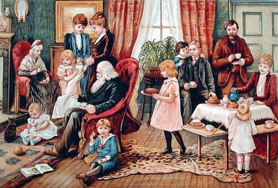 A Family Taking Tea, c.1900 (cor litho) de French School
