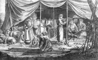 Uma Família de Nômades Curdos, de Voyage en Perse de Gaspard Drouville, publicada em 1825 de French School