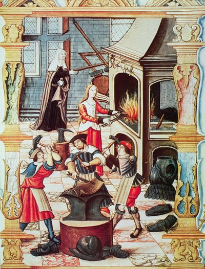 Uma forja francesa do século XVI, cópia de uma miniatura de "Chants royaux sur la Conception couronnee du Puy de Rouen" (cor litho) de French School