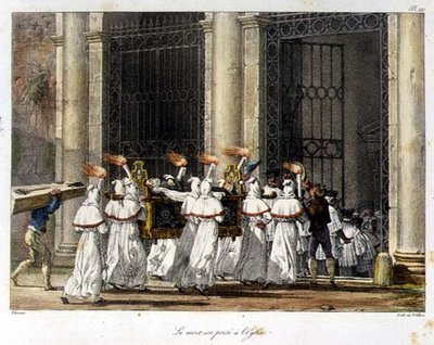 Uma procissão fúnebre na porta de uma igreja (gravação a cores) de French School