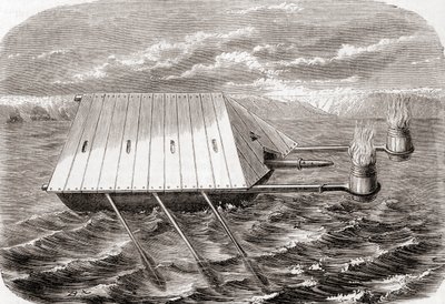 Um navio-fogo grego, depois de um desenho num manuscrito latino do século XIII, de Les Merveilles de la Science, publicado c.1870 (gravura) de French School