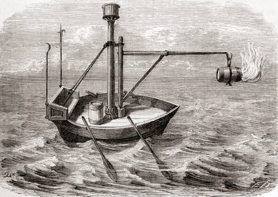 Um navio-fogo grego, depois de um desenho num manuscrito latino do século XIII, de Les Merveilles de la Science, publicado c.1870 (gravura) de French School
