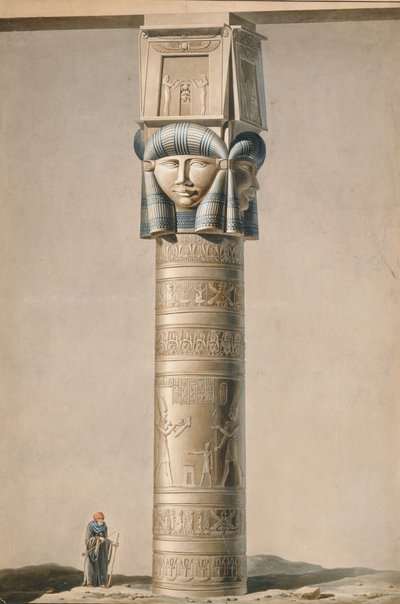 Um Hathor encabeçou pilar em Dendarah, ilustração Descrições do Egito por Edmonde Francois Jomard (1777-1862) publicou 1809-22 (wc no papel) de French School