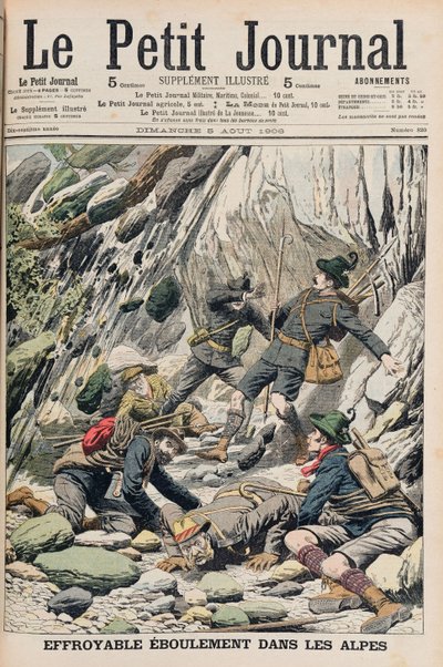 Uma queda de rocha horripilante no Tirol, ilustração de &39;Le Petit Journal&39;, 5 de agosto de 1906 de French School