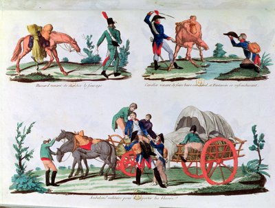 Um hussardo carregando forragem, um cavaleiro e um soldado de infantaria matando sua sede e uma ambulância militar (gravura colorida) de French School