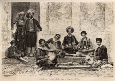 Uma orquestra judaica, em Tlemcen, invariavelmente composta por 5 instrumentos: o rbabab monta em 2 cordas; o kouistra, uma espécie de alaúde; o kamendja, ou violino; o centihr, uma espécie de caixa de trapézio plana e o derboucha, uma espécie de pandeiro  de French School