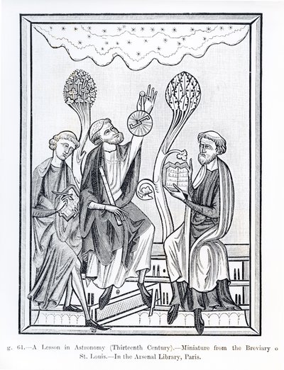 Uma lição em astronomia, do Breviary de St. Louis, ilustração da ciência e literatura na Idade Média e do Renascimento, escrita e gravada por Paul Lacroix, 1878 (bw photo de French School