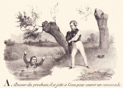 R: Amor ao próximo, ele se joga na água para salvar um camarada. de French School