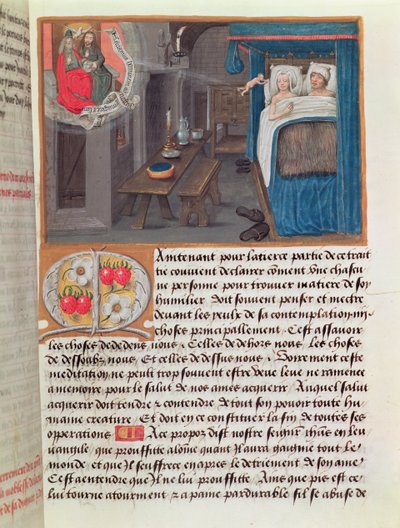 Um casal na cama recebendo uma criança da Santíssima Trindade de French School