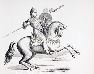 Um cavaleiro normando vestido de cota de malha e capacete com lança e escudo, 1873 de French School