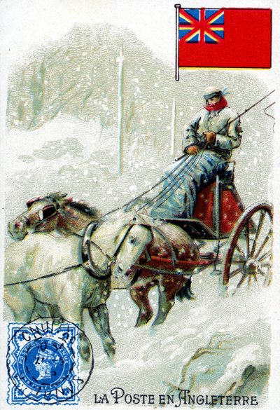 Um carteiro na Inglaterra entregando correspondência no inverno, final do século XIX de French School