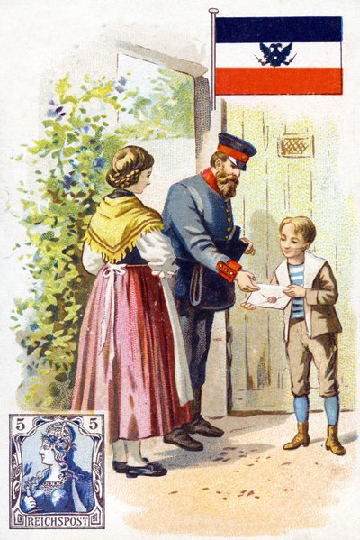 Um carteiro na Alemanha entregando uma carta, final do século XIX de French School