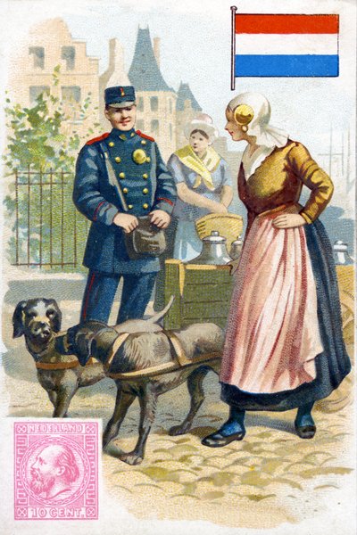 Um, carteiro, em, holanda, conversa, um, mulher, entregar, leite, em, um, carrocinha, final, 19o século de French School