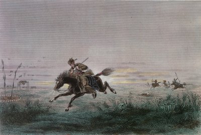 Um carteiro do American Pony Express sendo atacado por nativos americanos de French School