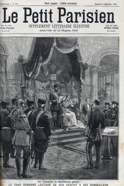 Uma Proposta de Desarmamento Geral (feita às Potências Europeias) - Czar Nicolau II (1868-1918) lendo a sua recitação aos seus conselheiros. Le Petit Parisien de French School