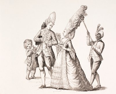 Uma sátira em penteados extremos das mulheres no século XVIII Paris, 1875 de French School