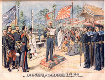 Uma cerimónia xintoísta no Japão. Almirante Togo dirigindo-se aos espíritos dos heróis japoneses mortos na Guerra Russo-Japonesa Uma cerimônia de adoração xintoísta no Japão. Discurso do Almirante Togo (Togo Heihachiro de French School