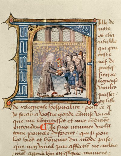 Uma Irmã Recebendo Presentes de Pacientes, do Livro Ativa da Vida do Hotel Dieu de Paris, de Jean Henry, c.1482 de French School