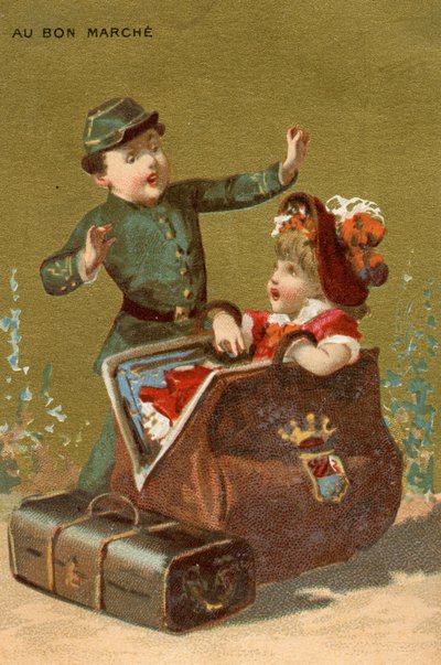 Uma surpresa na bagagem, de uma série de ilustrações de crianças, produzidas como cartões promocionais para a loja de departamentos Bon Marché em Paris, c.1890 de French School