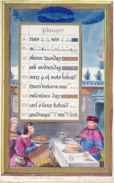 Uma folha de calendário vitoriana para fevereiro com uma ilustração do Livro de Horas de Anne de Bretagne (1488-1514) de French School