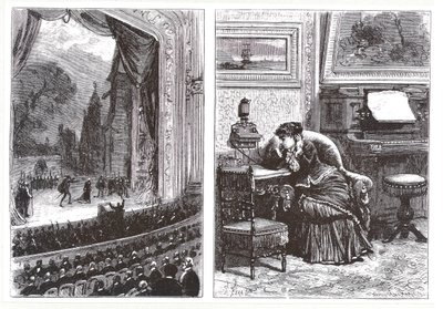 Uma mulher ouvindo uma performance de ópera em sua própria casa por meio do telefone Ader-Bell e do arranjo de Aders para transmissão de música, de Les Nouvelles Conquetes de la Science, de Louis Figuier, de French School