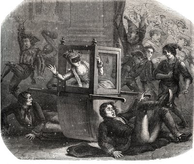 Uma banda de brincalhões impede que Marie-Therese (Marie Therese) Le Vasseur (Levasseur) (1721-1801), uma fantasia para o Carnaval, avance em sua cadeira de rodas. Ela é vítima da vingança de um desses ex-amantes. Gravura de 1871 em "Histoire Des Cocus C de French School