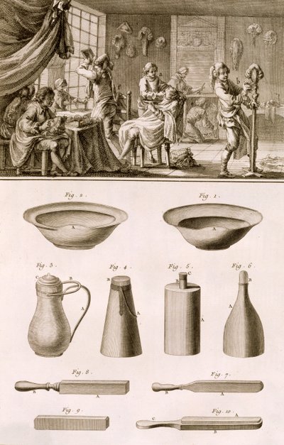 Uma barbearia e ferramentas de barbeiro, da Encyclopédie des Sciences et Metiers de Denis Diderot (1713-84) publicaram c.1770 de French School