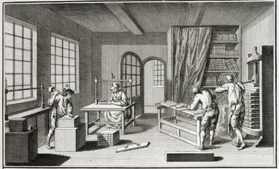 Uma oficina de apostas, da Encyclopédie des Sciences et Metiers de Denis Diderot (1713-84), publicada em 1770 de French School
