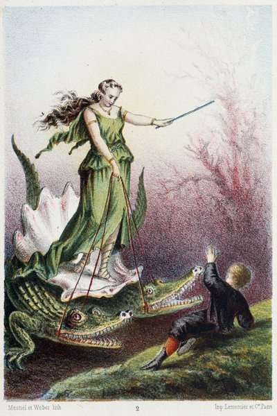Um rapaz em frente de uma mulher montada num tanque conduzido por 2 crocodilos - in "Viagem ao fundo do mar" de H. de la Blanchère. Paris, ed. Jouvet et Cie, sd. 1880. (duplo 02945) de French School