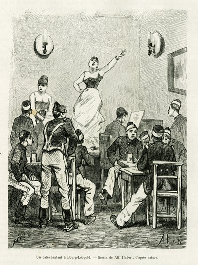 Um café cantando em Bourg Leopold. Gravura de A. Hubert para ilustrar a história La Belgique, de Camille Lemonnier, em le tour du monde 1886, dirigida por Edouard Charton (1807-1890), Hachette, Paris. de French School