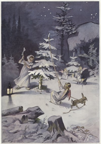 Um querubim empunha um machado quando cortam uma árvore de Natal de French School