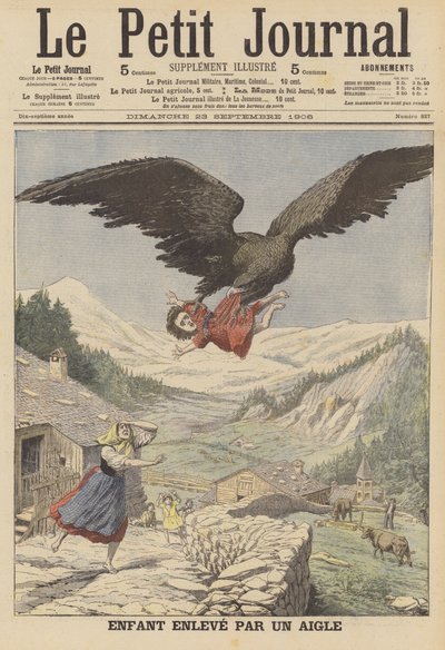 Uma criança levada por uma águia nos Alpes italianos (cor litho) de French School