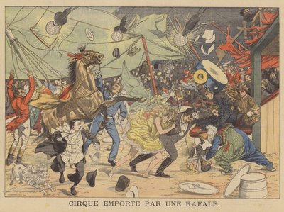 Uma tenda de circo levada por uma rajada de vento (litografia a cores) de French School