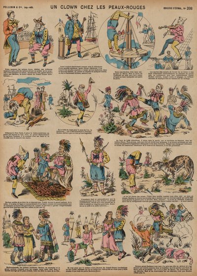 Um palhaço entre os nativos americanos (gravura colorida) de French School