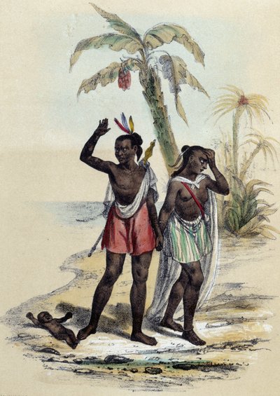 Um casal e um bebé numa praia; ilustração para as Marquesas, - em "Les twelve Nations" de M.E. Fouinet de French School