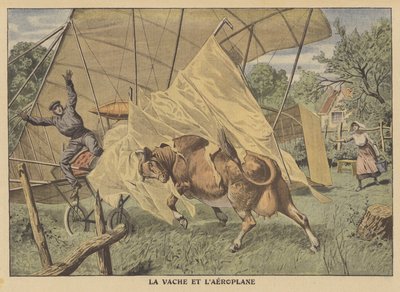 Uma vaca a atacar um avião no Midwest americano (cor litho) de French School