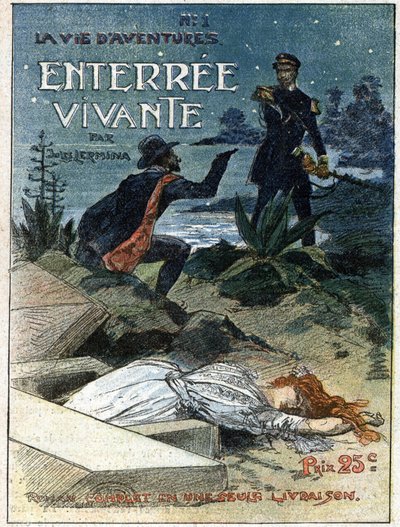 Uma arma criminosa com uma arma ameaça um homem da lei que o apanhou enquanto se atrevia a enterrar o corpo de uma mulher. Ilustração de "Living Burial" de Jules Lermina (1839-1913). Um dos jornais da "Vida de Aventuras". Gravura no "Journal des Voyages" d de French School