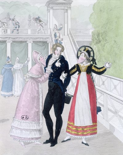 Um dandy sendo cortejado por duas mulheres mascaradas, da série Le Bon Genre (gravura colorida à mão) de French School