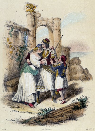 Uma família rodeada de ruínas; ilustração para a Grécia, - em "As doze Nações" de M.E. Fouinet de French School