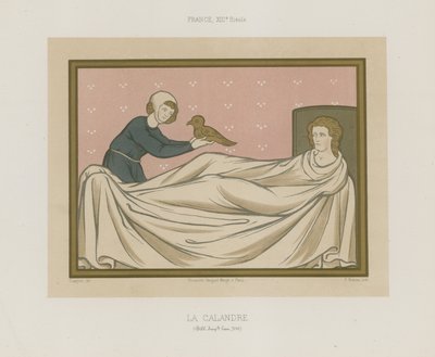 Um, figura, apresentando, um, pássaro, para, um, pessoa, colocar cama de French School