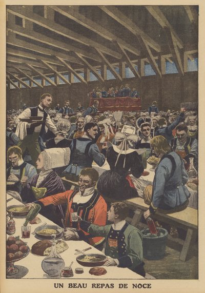 Um belo banquete de casamento na Bretanha (cor litho) de French School