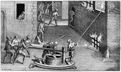 Uma bomba de incêndio no início do século XVII, depois de Salomão de Caux (Salomão de Causa) de French School