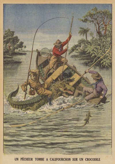 Um pescador a cair ao lado de um crocodilo depois de este virar o seu barco (cor litho) de French School