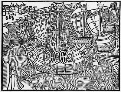 Uma frota no século XV, após uma gravura de "Vergier Dõhonneur". Gravura em "La Marine et les colonies: comércio". de French School